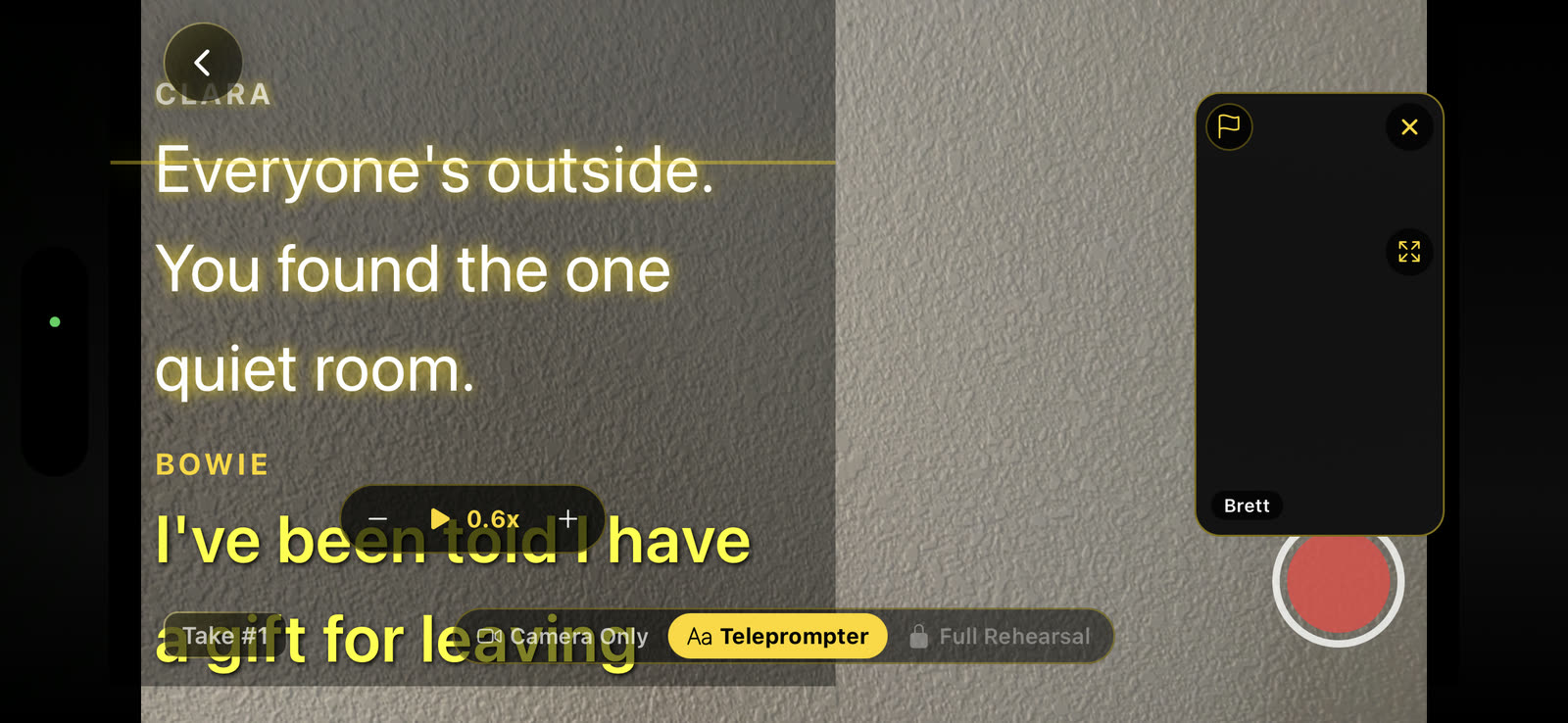 Recording a take in a Live Reader session on iPhone, with your lines over the camera view and the reader's video tile in the corner