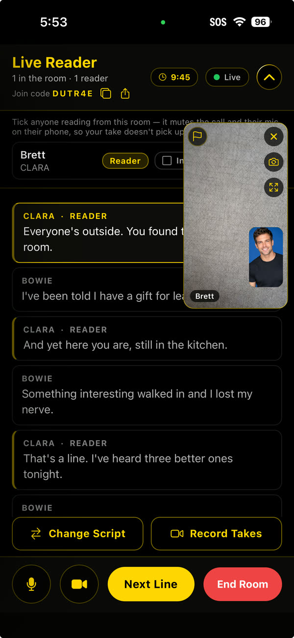 The Live Reader room on iPhone: the join code, the shared script synced line by line, the reader's video and the Next Line button