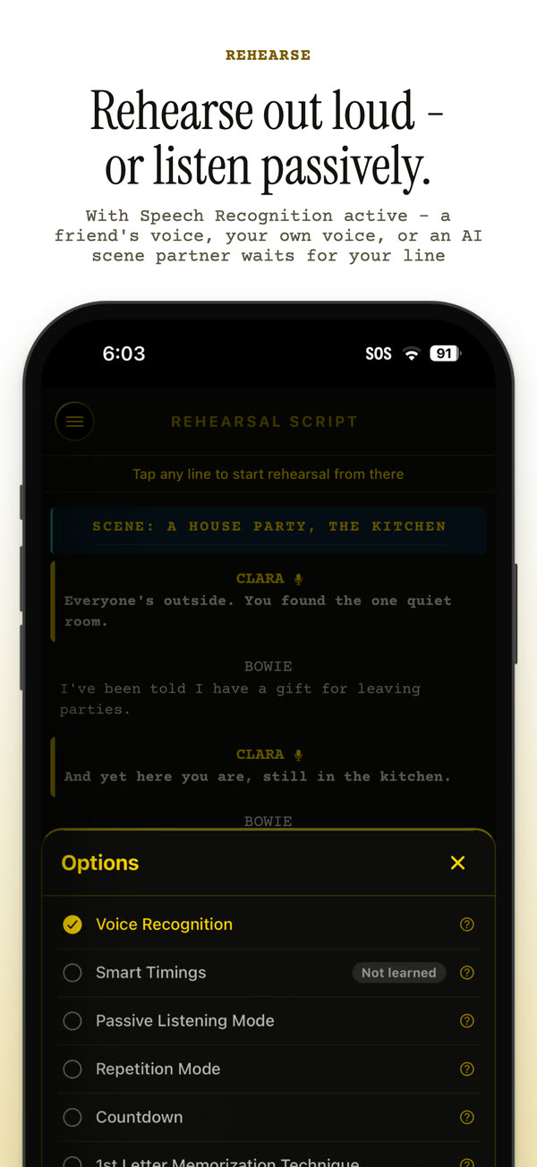 App Store screenshot: rehearse with speech recognition, or listen passively