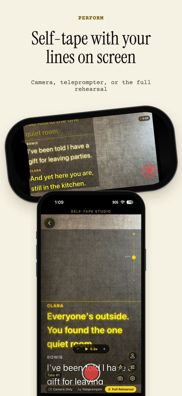 App Store screenshot: self-tape with your lines on screen