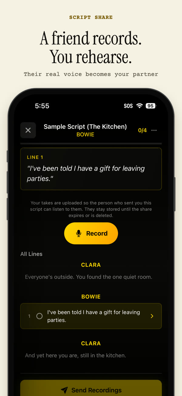 App Store screenshot: a friend records their lines with Script Share