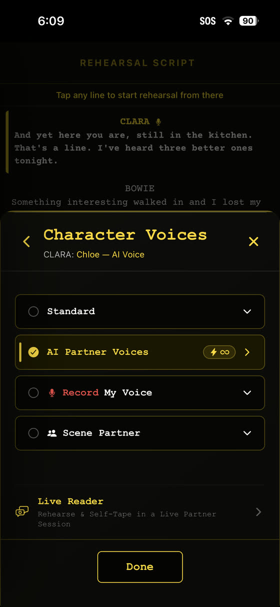 The Character Voices sheet, where you choose your own recording, an AI partner voice or a friend's recording for each character, or start Live Reader